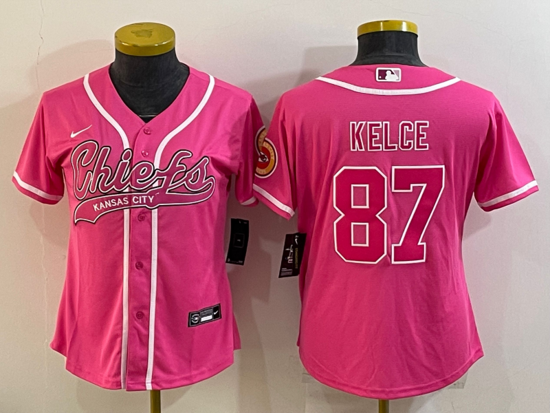 Women's Kansas City Chiefs #87 Travis Kelce Pink With Patch Cool Base Stitched Baseball Jersey(Run Small)